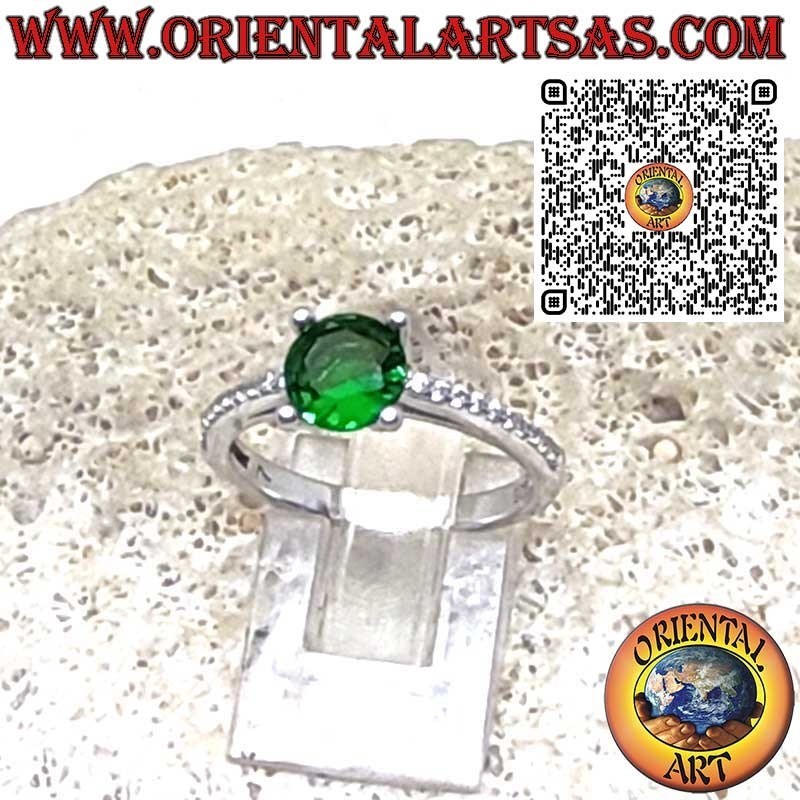 925 Sterling Silver Ring with Lab-Created Round Emerald Solitaire and Side Zircons