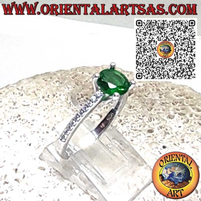 925 Sterling Silver Ring with Lab-Created Round Emerald Solitaire and Side Zircons