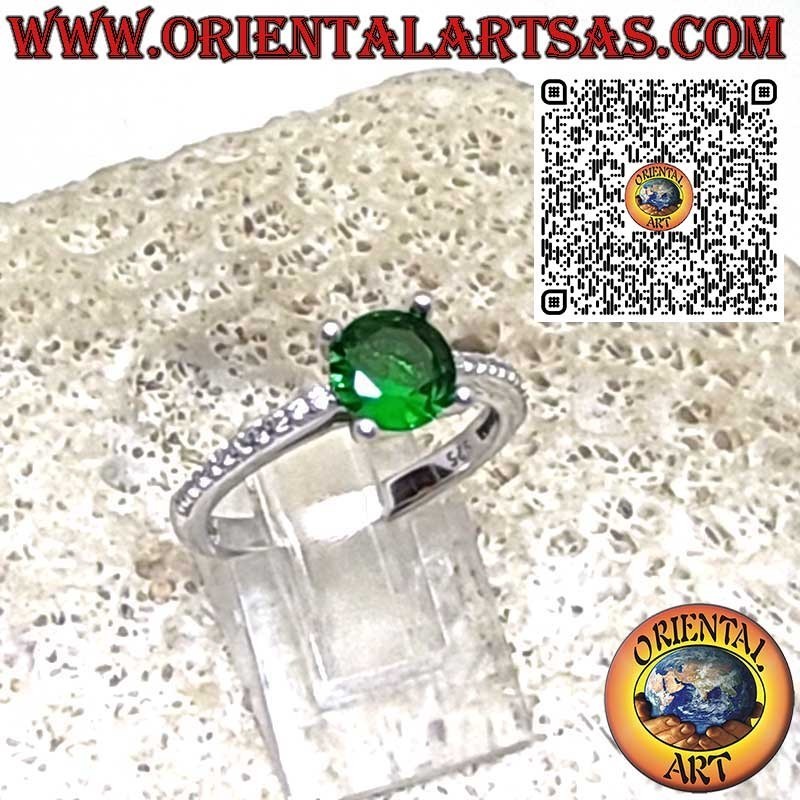 925 Sterling Silver Ring with Lab-Created Round Emerald Solitaire and Side Zircons