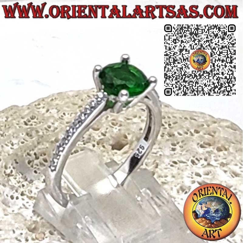 925 Sterling Silver Ring with Lab-Created Round Emerald Solitaire and Side Zircons