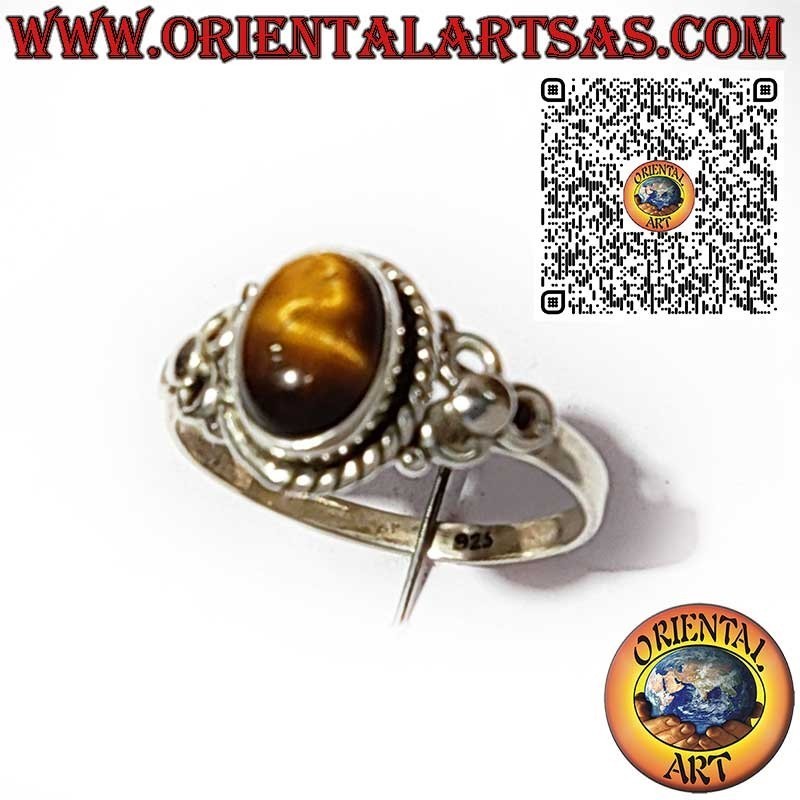 Anillo de Plata 925 con Ojo de Tigre Ovalado, Trenza y Decoración Lateral de Tres Círculos