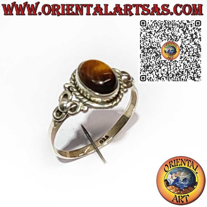 925 Sterling Silver Ring with Oval Tiger’s Eye, Braided Frame and Side Triple Circle Design