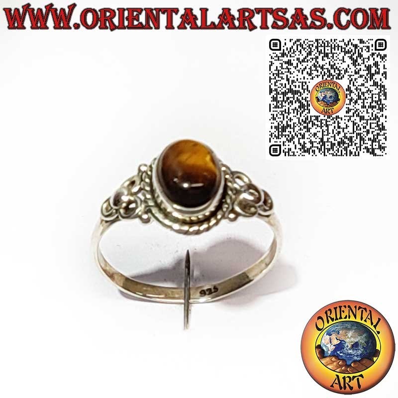Bague en Argent 925 avec Œil de Tigre Ovale, Tresse et Décor Latéral à Trois Cercles