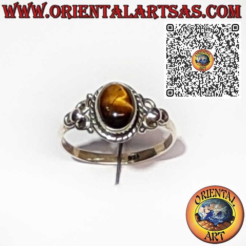 925 Sterling Silver Ring with Oval Tiger’s Eye, Braided Frame and Side Triple Circle Design