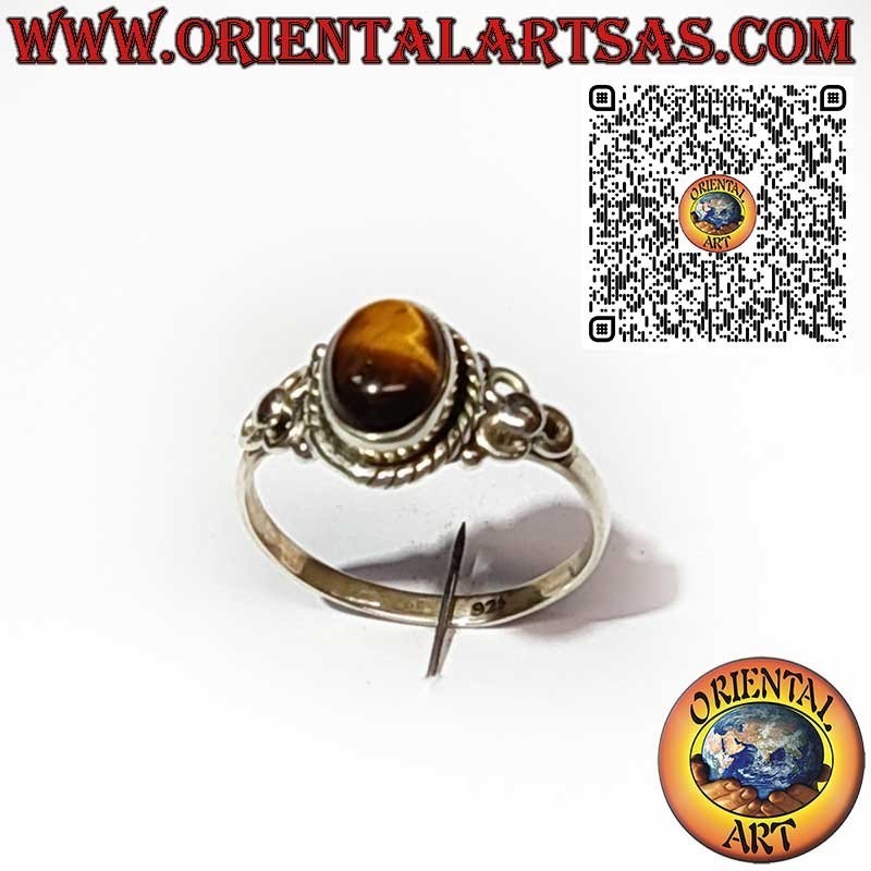 Bague en Argent 925 avec Œil de Tigre Ovale, Tresse et Décor Latéral à Trois Cercles