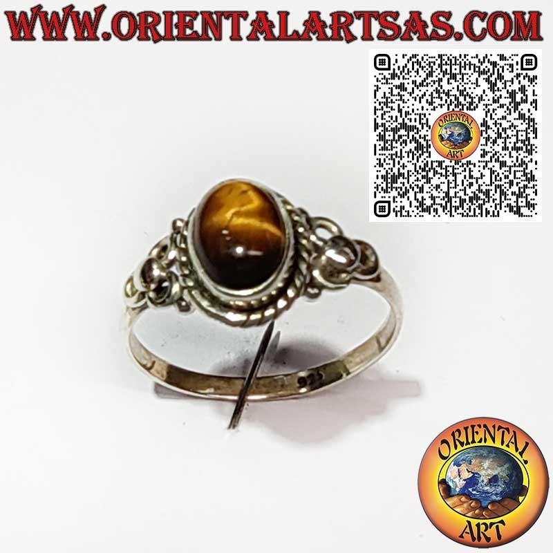 Bague en Argent 925 avec Œil de Tigre Ovale, Tresse et Décor Latéral à Trois Cercles
