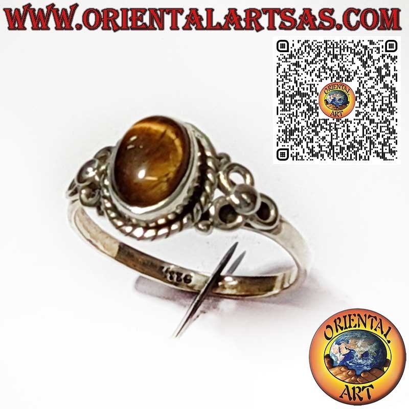 925 Sterling Silver Ring with Oval Tiger’s Eye, Braided Frame and Side Triple Circle Design
