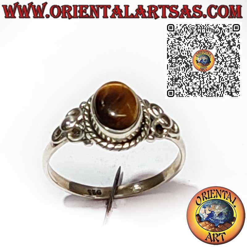 925 Sterling Silver Ring with Oval Tiger’s Eye, Braided Frame and Side Triple Circle Design