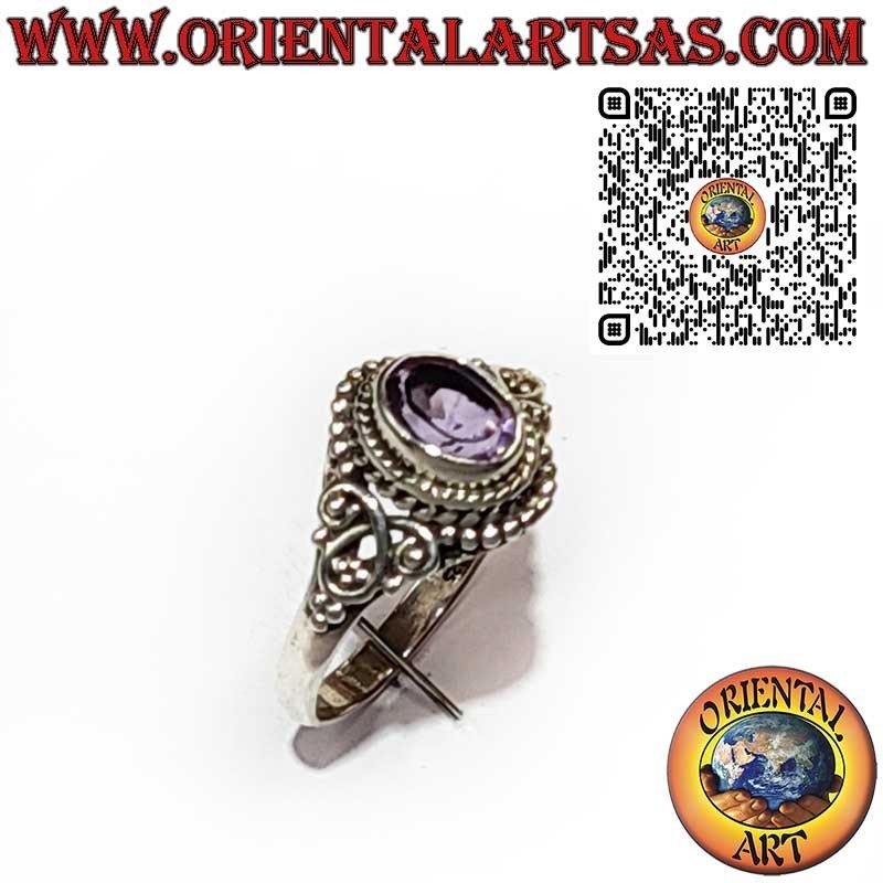 Silver Ring with Natural Amethyst and Balinese Decorations