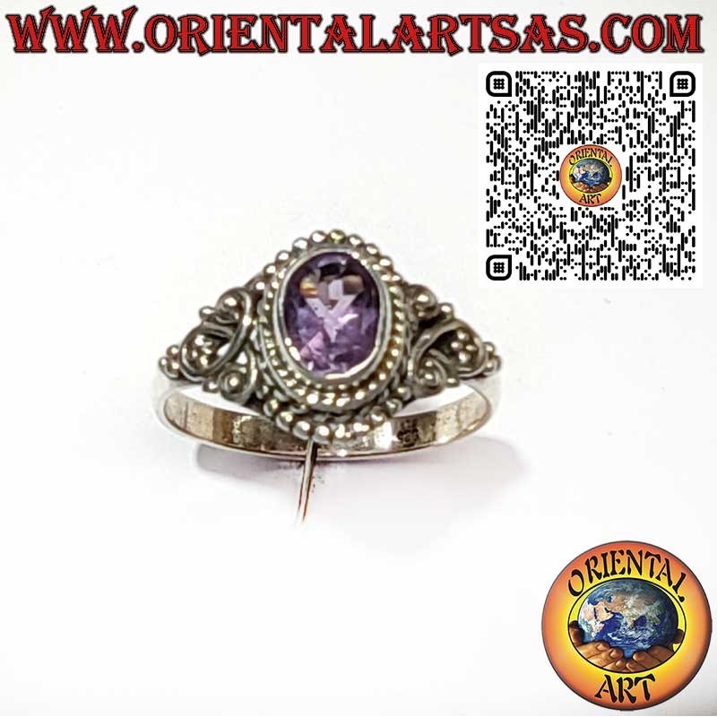 Bague en argent avec Améthyste Naturelle et Décorations Balinaises