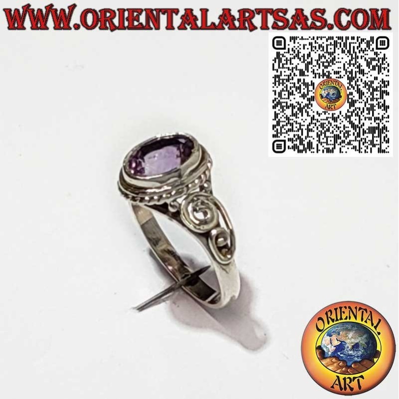 Bague en Argent 925 avec Améthyste Ovale Naturelle et Décorations
