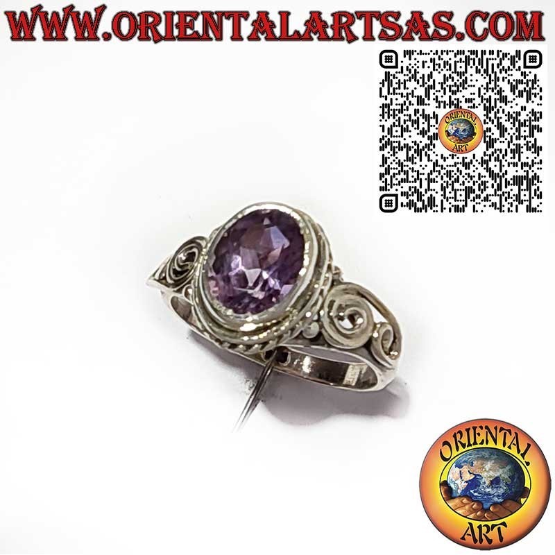 Bague en Argent 925 avec Améthyste Ovale Naturelle et Décorations
