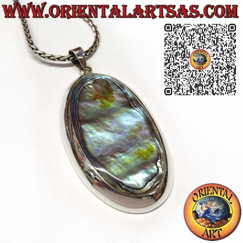 Pendentif en Argent 925 avec Grande Abalone Paua Shell Ovale Bord Lisse