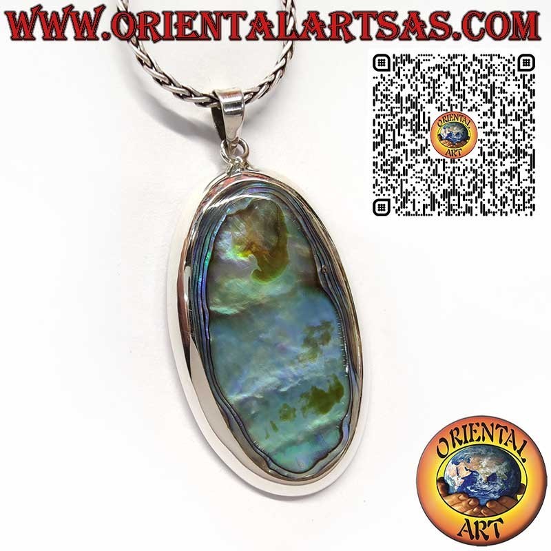 925 Sterling Silver Pendant with Large Oval Paua Shell (Abalone) in Smooth Bezel