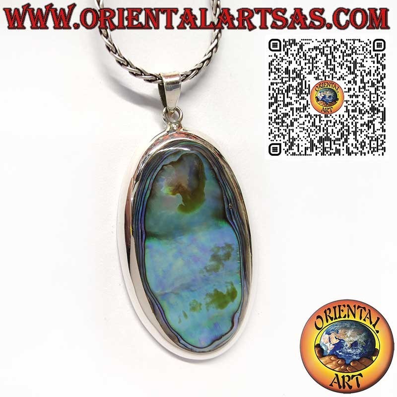Colgante de Plata 925 con Abalone Paua Shell Ovalada Grande Borde Liso