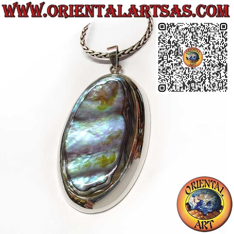 925 Sterling Silver Pendant with Large Oval Paua Shell (Abalone) in Smooth Bezel