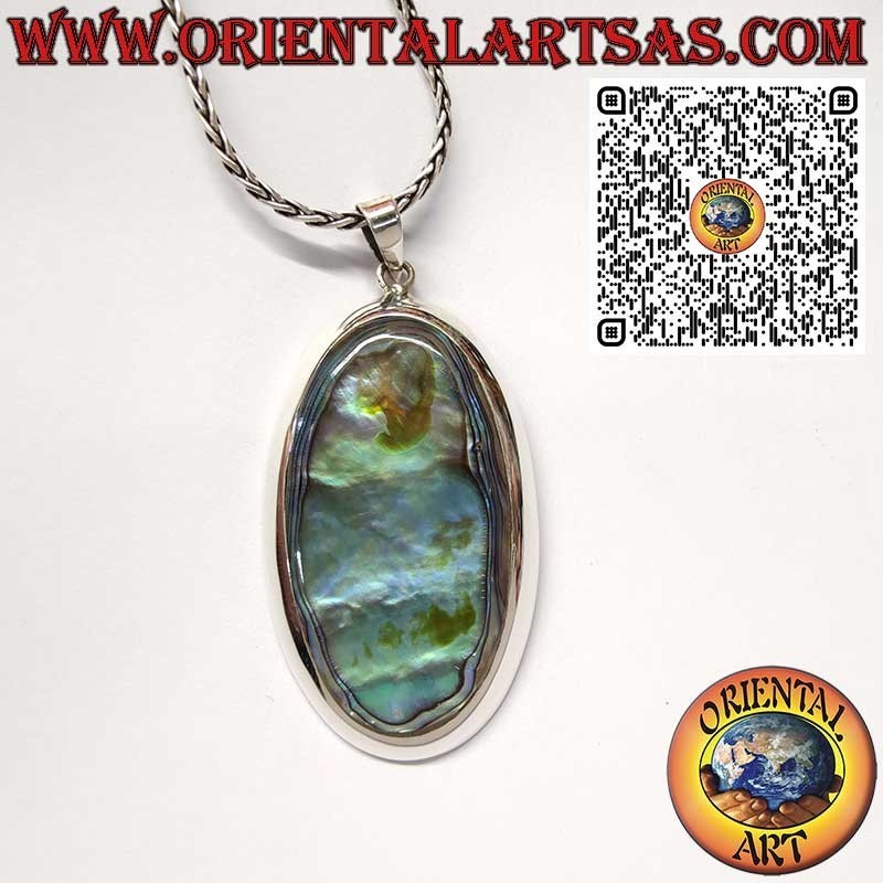Colgante de Plata 925 con Abalone Paua Shell Ovalada Grande Borde Liso
