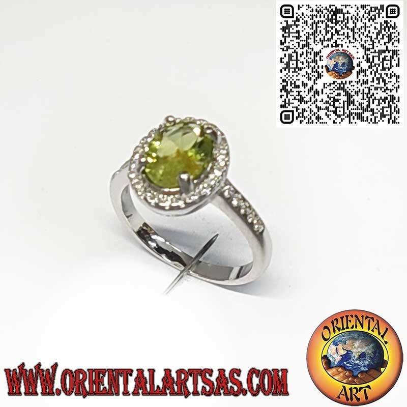 925 Sterling Silver Ring with Natural Oval Peridot Surrounded by Zircons