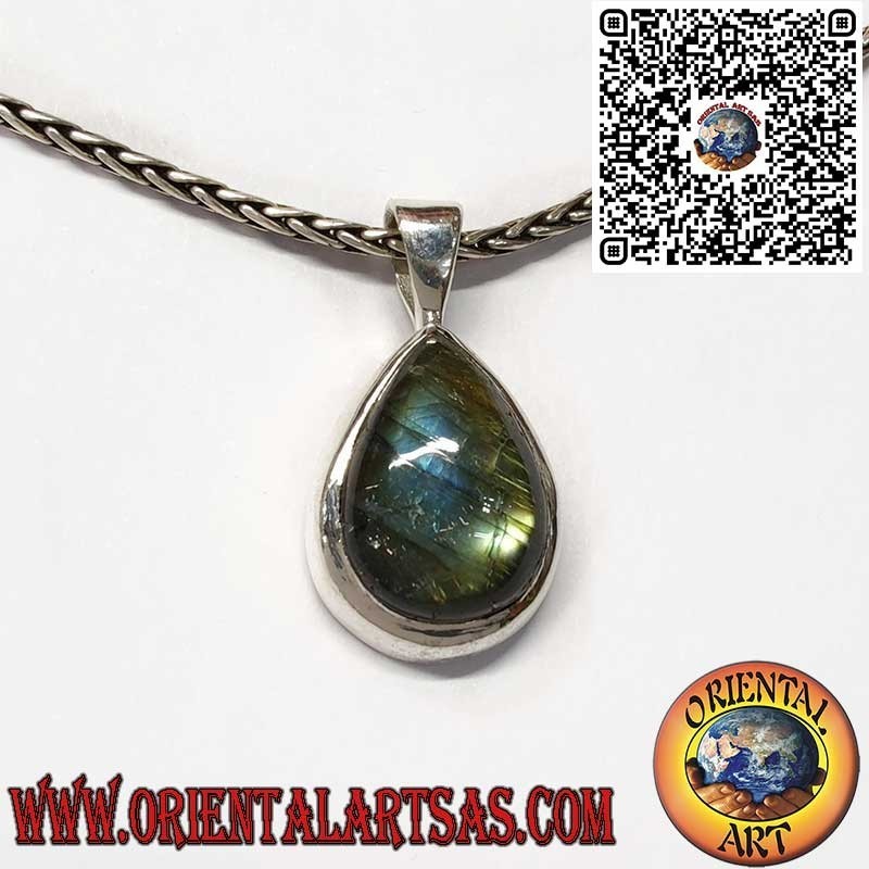 Colgante de Plata 925 con Labradorita Natural en Gota – Borde Simple y Grueso