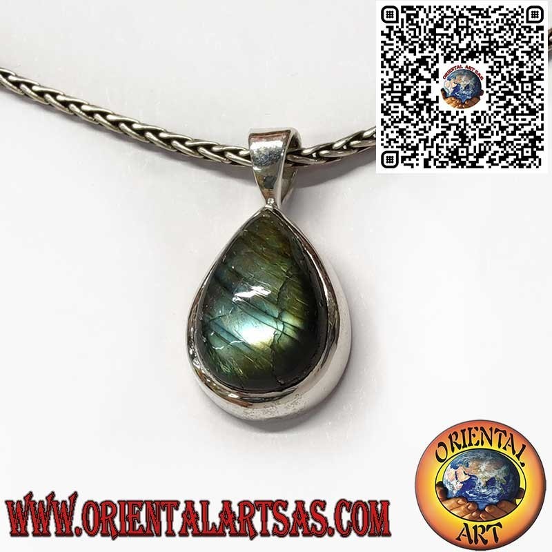 925 Sterling Silver Pendant with Natural Teardrop Labradorite – Simple Thick Edge Setting