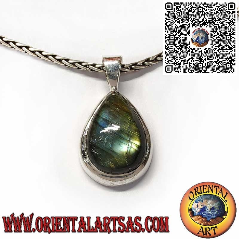 Ciondolo in Argento 925 con Labradorite Naturale a Goccia – Bordo Semplice e Spesso