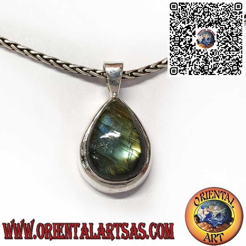 Ciondolo in Argento 925 con Labradorite Naturale a Goccia – Bordo Semplice e Spesso