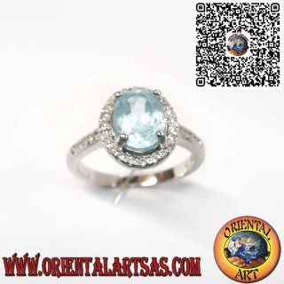 Bague en Argent 925 avec Topaze Bleue Naturelle Ovale Sertie de Zircons