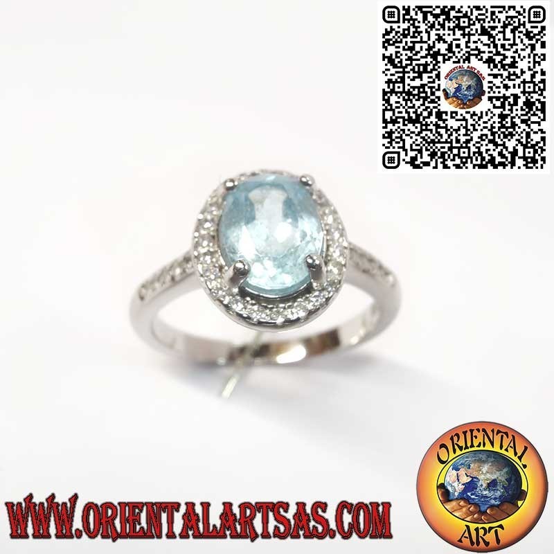 Bague en Argent 925 avec Topaze Bleue Naturelle Ovale Sertie de Zircons