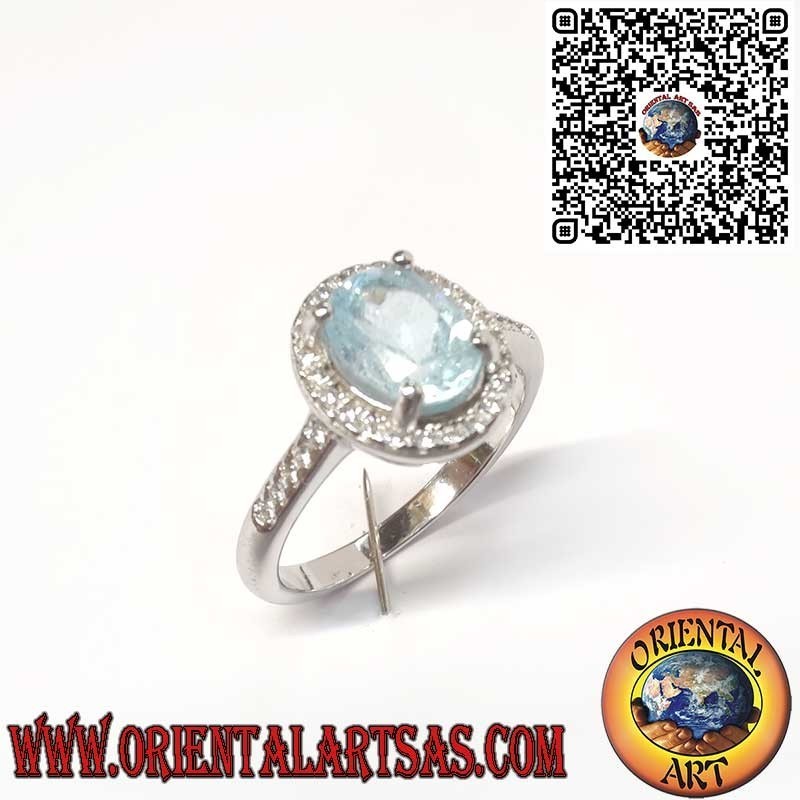 Anello in Argento 925 con topazio blu Naturale Ovale Contornato da Zirconi