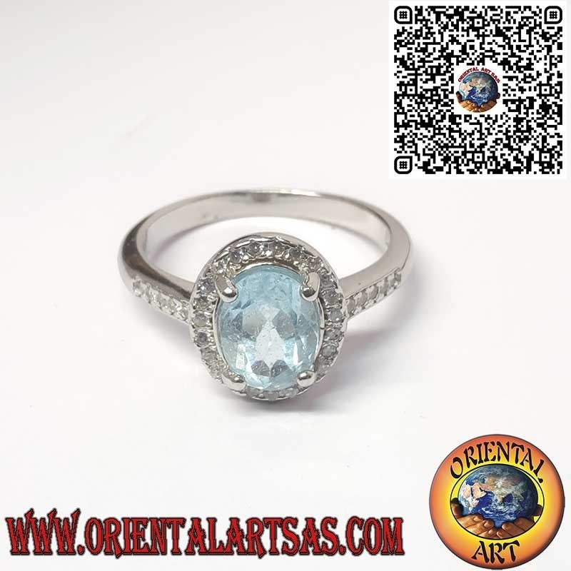 Anello in Argento 925 con topazio blu Naturale Ovale Contornato da Zirconi