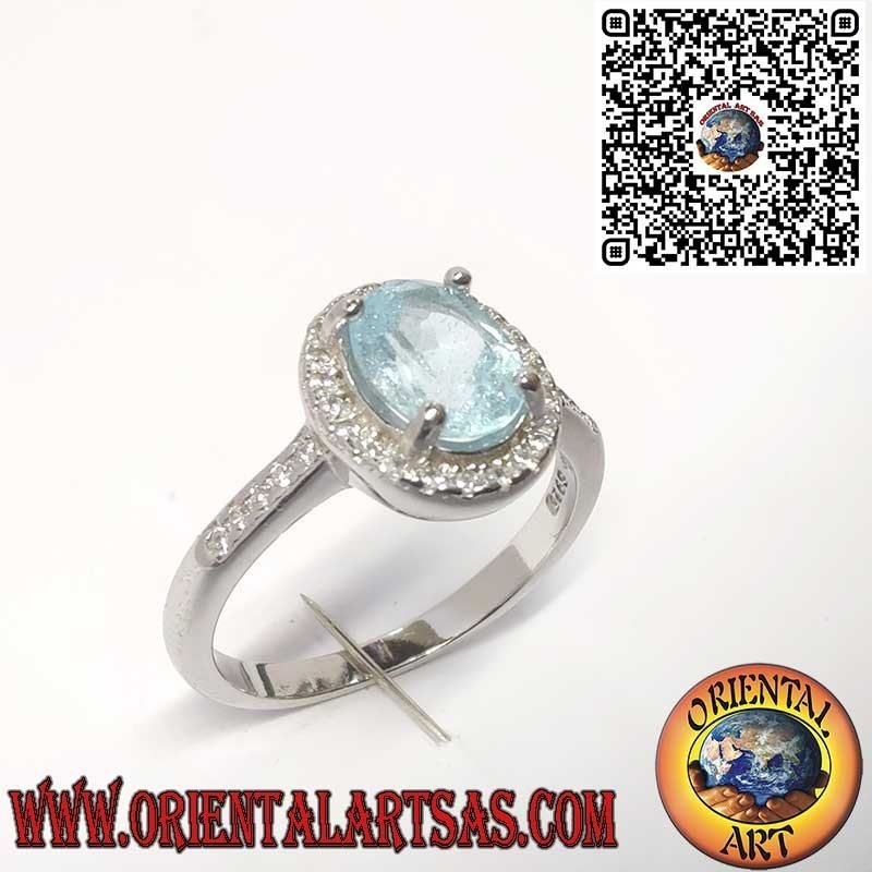 Anello in Argento 925 con topazio blu Naturale Ovale Contornato da Zirconi