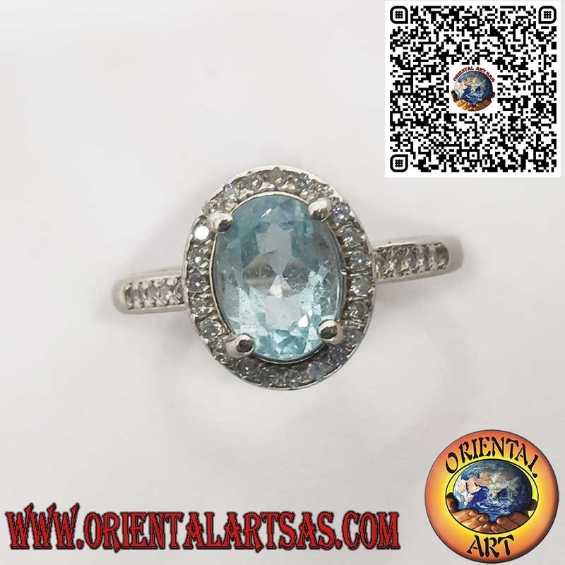 Anello in Argento 925 con topazio blu Naturale Ovale Contornato da Zirconi