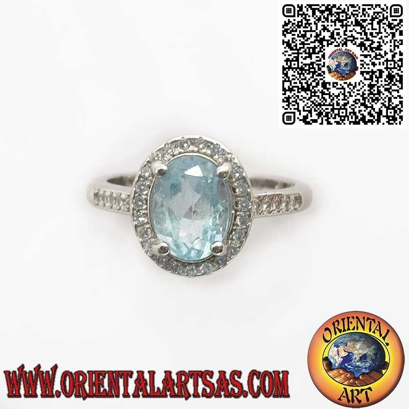 925 Sterling Silver Ring with Natural Oval Blue Topaz Surrounded by Zircons