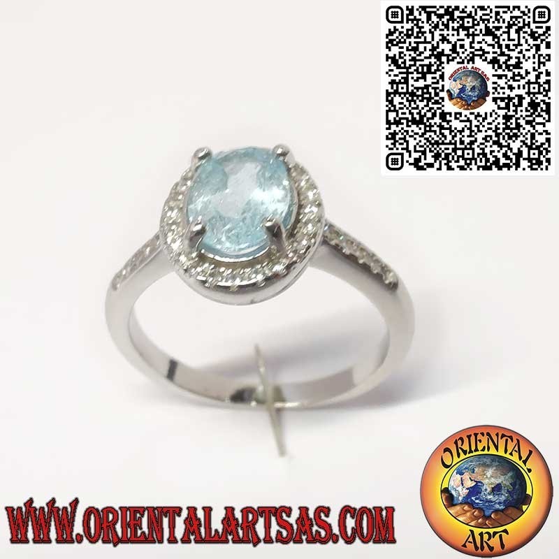 Anello in Argento 925 con topazio blu Naturale Ovale Contornato da Zirconi