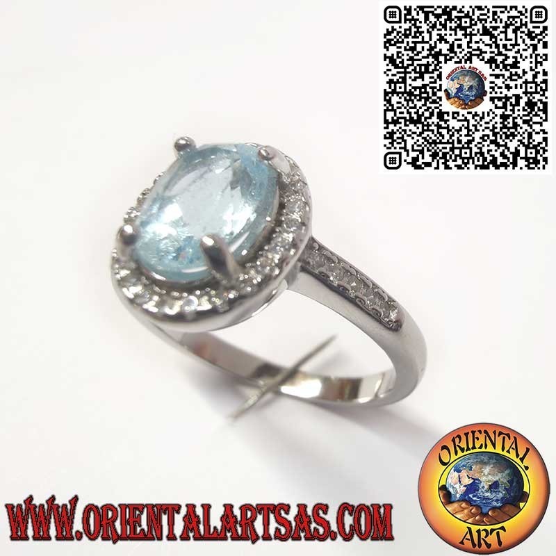 Bague en Argent 925 avec Topaze Bleue Naturelle Ovale Sertie de Zircons
