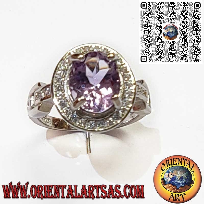 Elegant Sterling Silver Ring with Purple Amethyst Gemstone and Zircon Halo