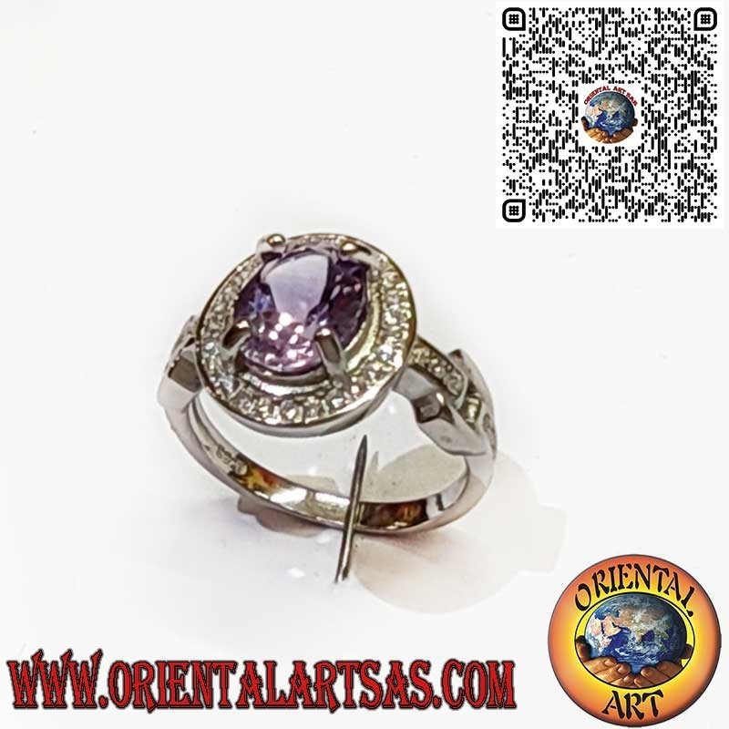 Anillo de Plata 925 con Amatista Natural Ovalada y Brillantes Circonitas Blancas