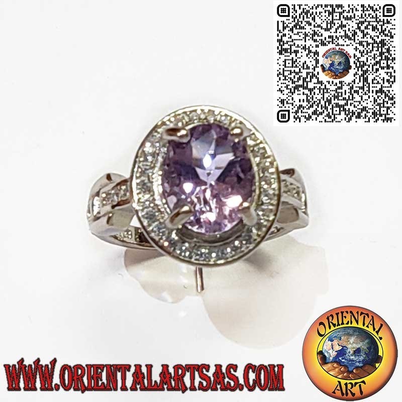 Elegant Sterling Silver Ring with Purple Amethyst Gemstone and Zircon Halo