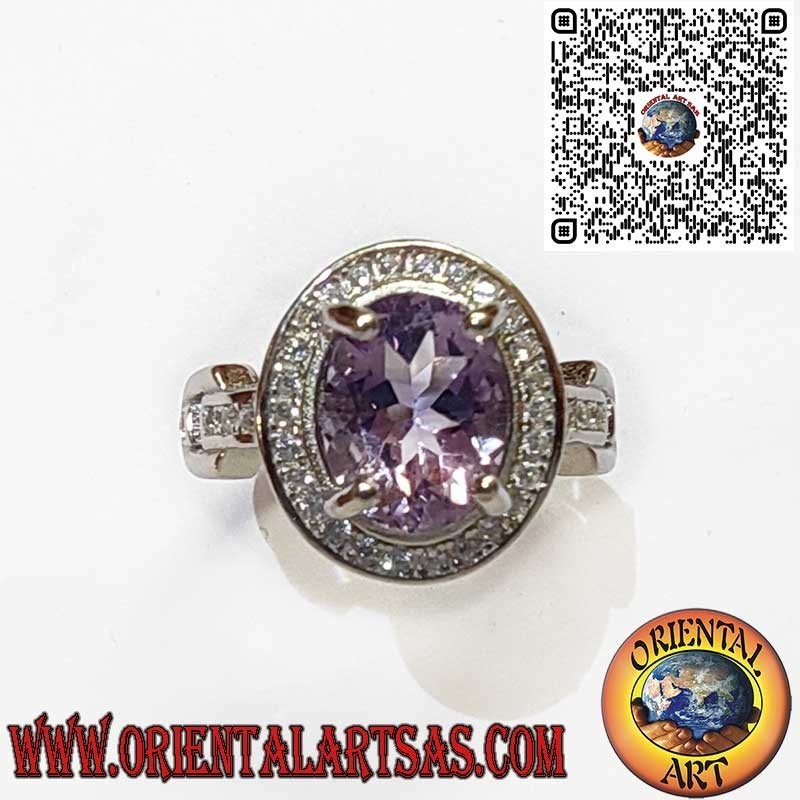 Anillo de Plata 925 con Amatista Natural Ovalada y Brillantes Circonitas Blancas