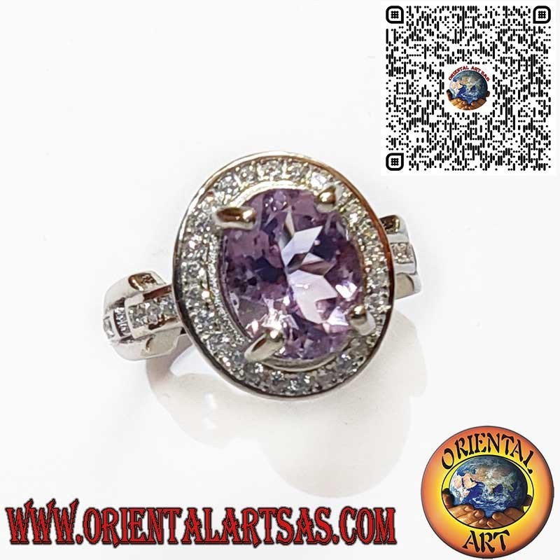 Anillo de Plata 925 con Amatista Natural Ovalada y Brillantes Circonitas Blancas