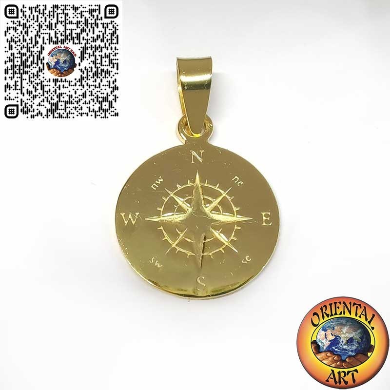 Pendentif Rond en Argent 925 Plaqué Or avec Rose des Vents Gravée