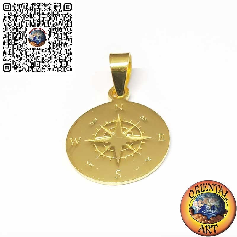 Colgante Redondo de Plata 925 Chapado en Oro con Rosa de los Vientos Grabada