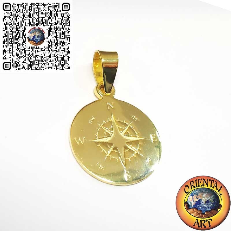 Colgante Redondo de Plata 925 Chapado en Oro con Rosa de los Vientos Grabada