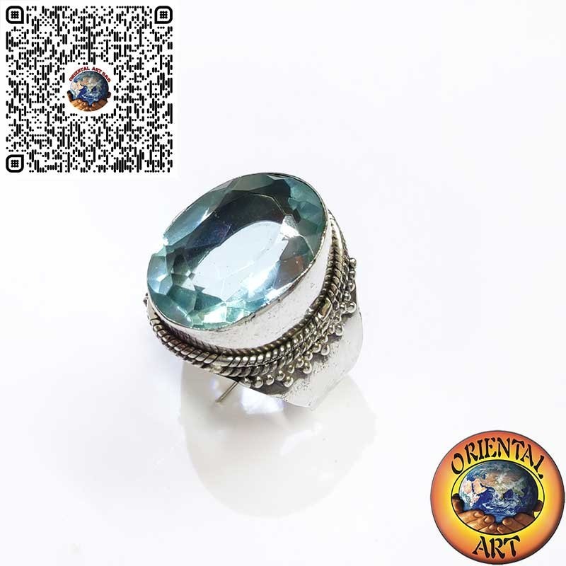 Wide Sterling Silver Band Ring with Oval Blue Topaz and Beaded Border
