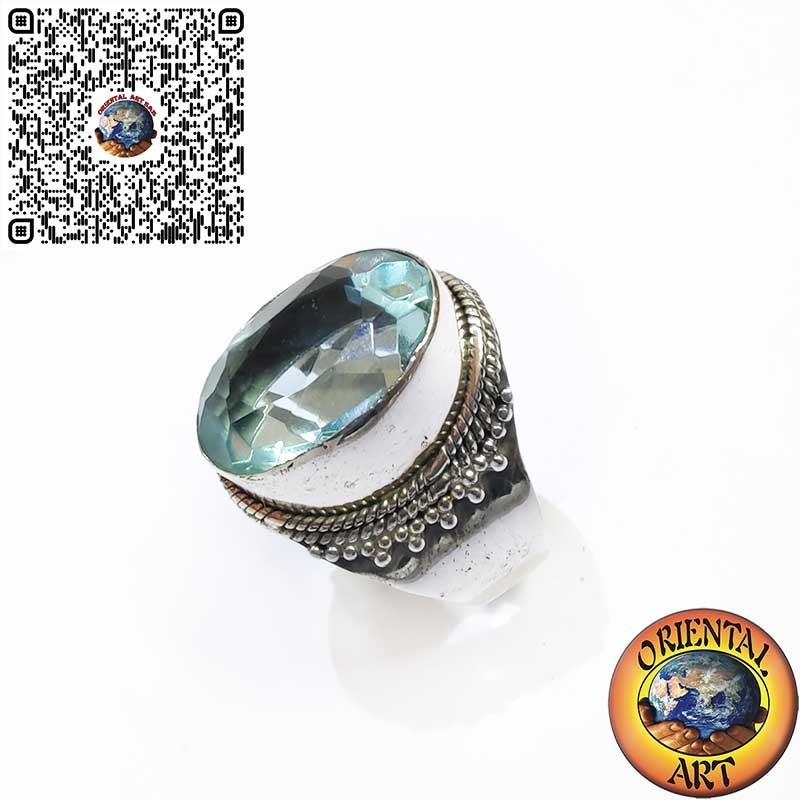 Bague Large en Argent 925 avec Topaze Bleue Ovale et Bordure à Perles