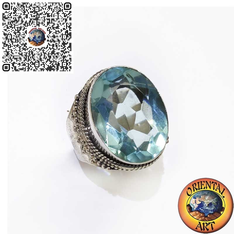 Wide Sterling Silver Band Ring with Oval Blue Topaz and Beaded Border