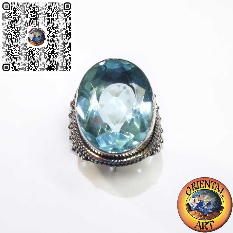 Breiter 925er Silberring mit Ovalem Blauem Topas und Kugelrand