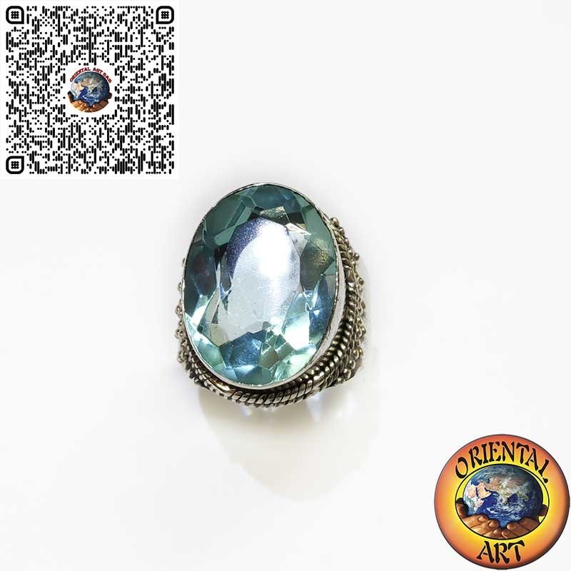 Wide Sterling Silver Band Ring with Oval Blue Topaz and Beaded Border