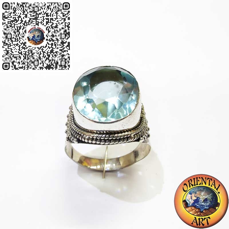 Bague Large en Argent 925 avec Topaze Bleue Ovale et Bordure à Perles
