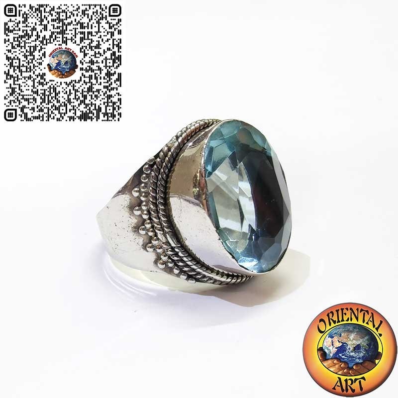 Breiter 925er Silberring mit Ovalem Blauem Topas und Kugelrand